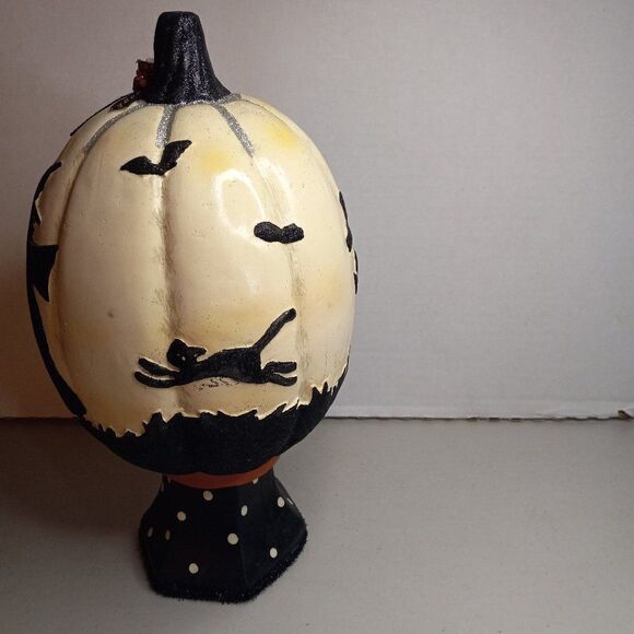 Halloween White Jack-O-Lantern on Black with White Polka-a Dots Pedestal - Picture 2 of 8